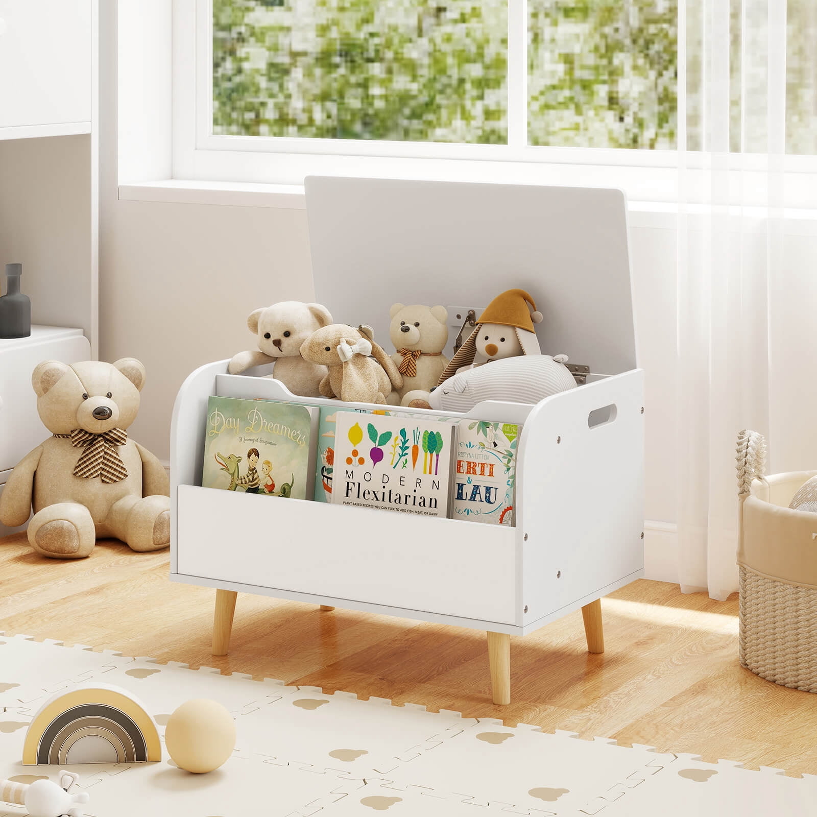 Costway Kids Wooden Toy Box with Front Bookshelf 4 Solid Wood Legs Flip-top Lid for Nursery White