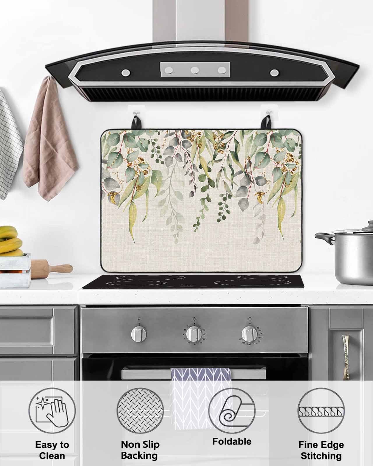 Large Induction Cooktop Protector Mat Eucalyptus Leaves Stove Top Covers for Electric Stove, Green Summer Botanical Rustic Decorative Stove Burner Cover Mats, Glass Top Stove Cover