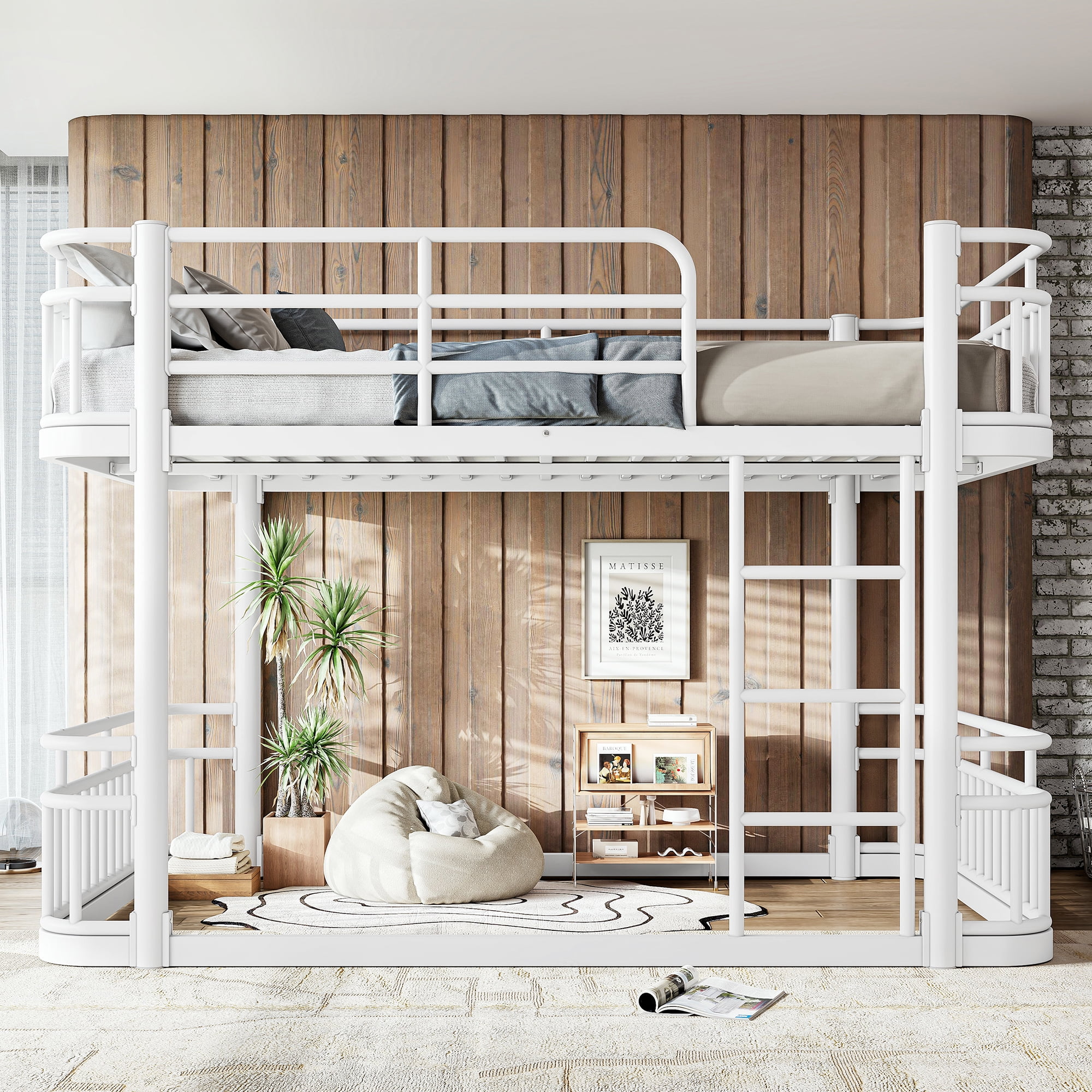 Leumius Full over Full Bunk Bed Frame with Ladders & Guardrails, Upgraded Round-Pipe Metal Frame, Stylish & Versatile for Any Room,White