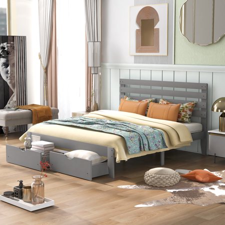 Queen Bed Frame with Storage Drawers  BTMWAY Queen Platform Bed Frame with Headboard for Kids Adults  Queen Size Platform Bed Frame with Wood Slats  Queen Size Bed Frame No Box Spring Needed  Gray