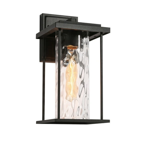 LNC Matte Black Outdoor Wall Light with Water Ripple Glass