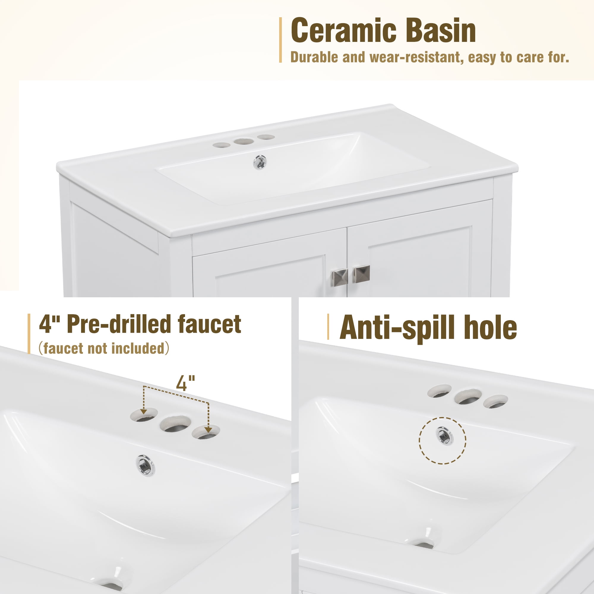 Euroco 30" White Bathroom Vanity with Single Sink, Combo Cabinet Undermount Sink, Bathroom Storage Cabinet with 2 Doors and a Drawer, Soft Closing, Multifunctional Storage, Solid Wood Frame