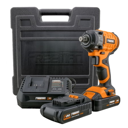 Freeman P12IW 20 Volt Cordless and Brushless 1/2  Impact Wrench Kit with 2 Ah Lithium-Ion Batteries  Charger  and Case