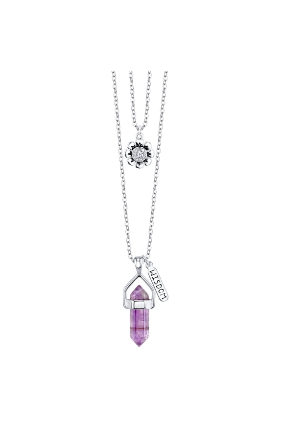 Fine Silver Plated Amethyst Two Layer Necklace with Crystal Flower Charm