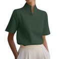 thumbnail image 2 of Women's Solid V-Neck Work Blouse Short Sleeve Stand Collar Business Casual Office Shirt, 2 of 7