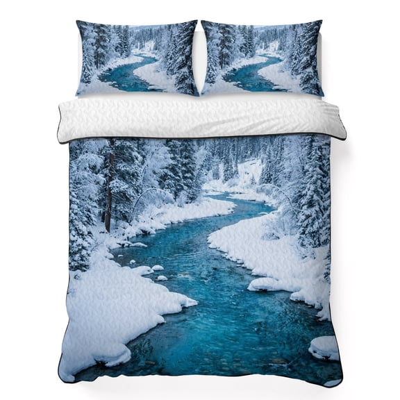 Quilts Twin Size Bedding Set, Winter Snowy River Lightweight Quilted Comforter, Nature Pine Trees Forest Snowy Scenery Soft Reversible Bedspread Coverlet with Pillow Covers for All Season, 68" x 86"