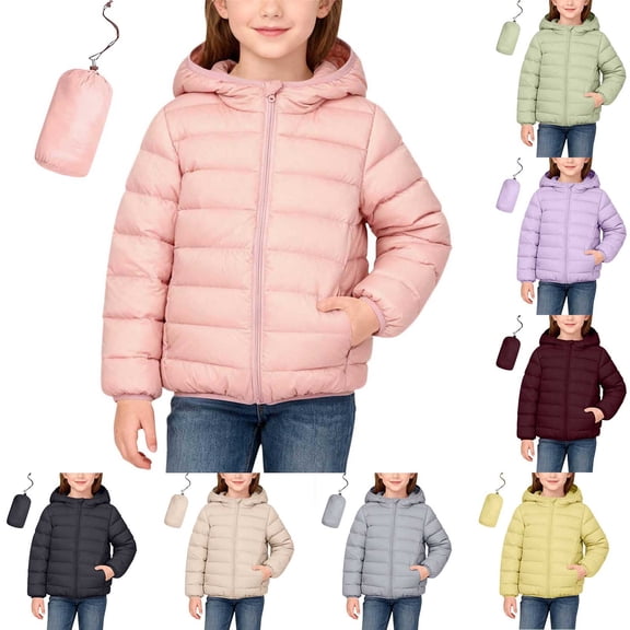 MKOSPLRT Girls Winter Coats Packable Lightweight Hooded Puffer Jackets Solid Full Zip Quilted Coats Outwear with Pocket 2-14Y