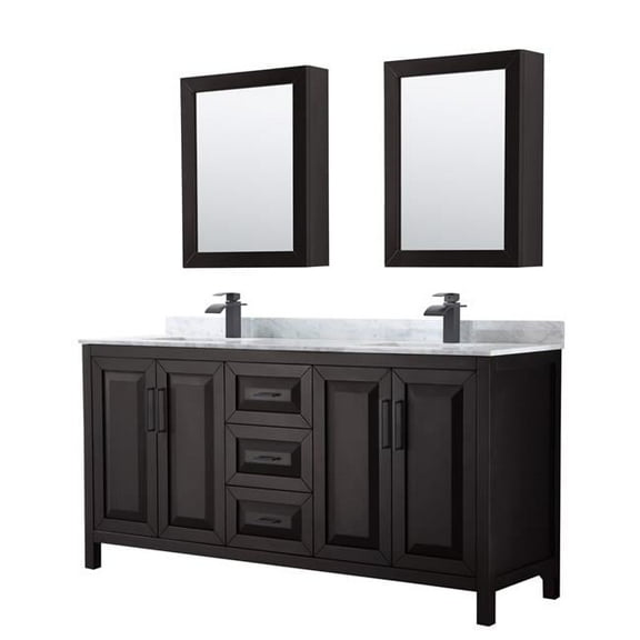 72 in. Daria Double Bathroom Vanity with White Carrara Marble Countertop, Undermount Square Sinks, Matte Black Trim & Medicine Cabinet - Dark Espresso