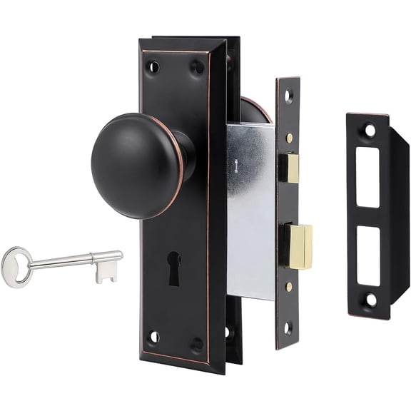 Mortise Lock Set for Interior Door, Vintage Door Knobs with and Skeleton Key, Antique Oil Rubbed Bronze Finish