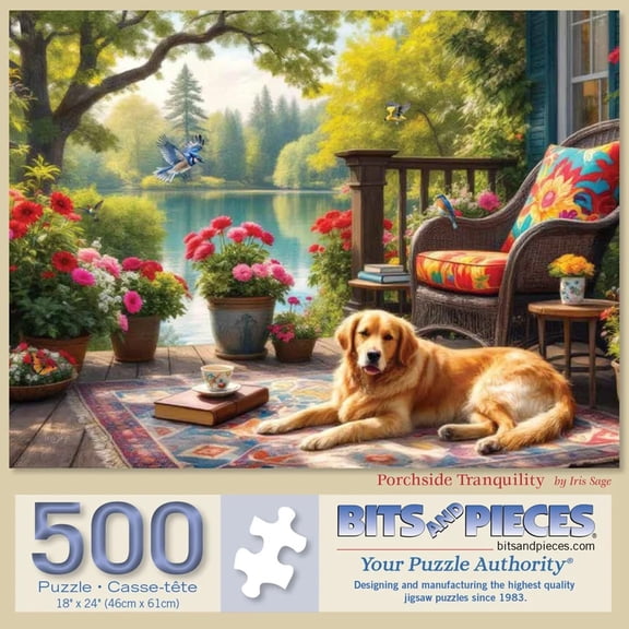 Bits and Pieces "Porchside Tranquility" 500 Piece Golden Retriever Lakeside Jigsaw Puzzle 18" x 24"