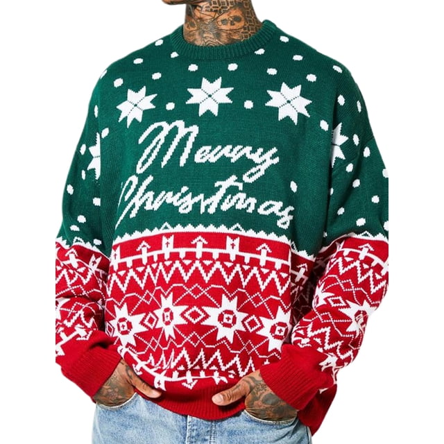 SUNSIOM Men's Christmas Sweater Snowflake Geometric Pattern Drop Shoulder Long Sleeve Round Neck Knitted Pullover