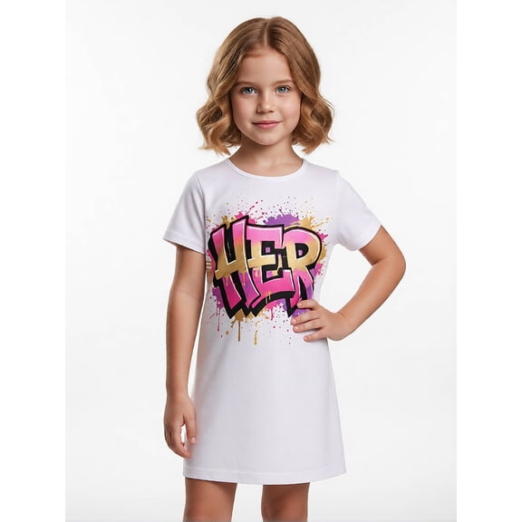 Girls Breathable Modern Short Sleeve Sundress Slim-Fit Crewneck Casual Dress for Girls Age 5-13