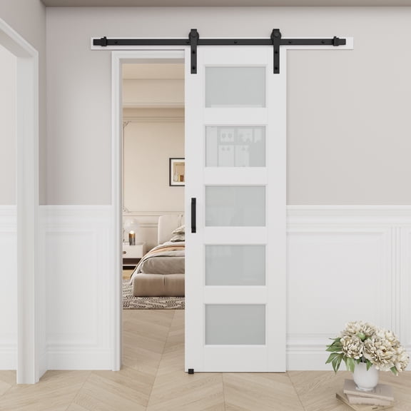 24" x 96" 5-Lite Frosted Glass White Primed Sliding Barn Door with Installation Hardware Kit(No Assembly Required)