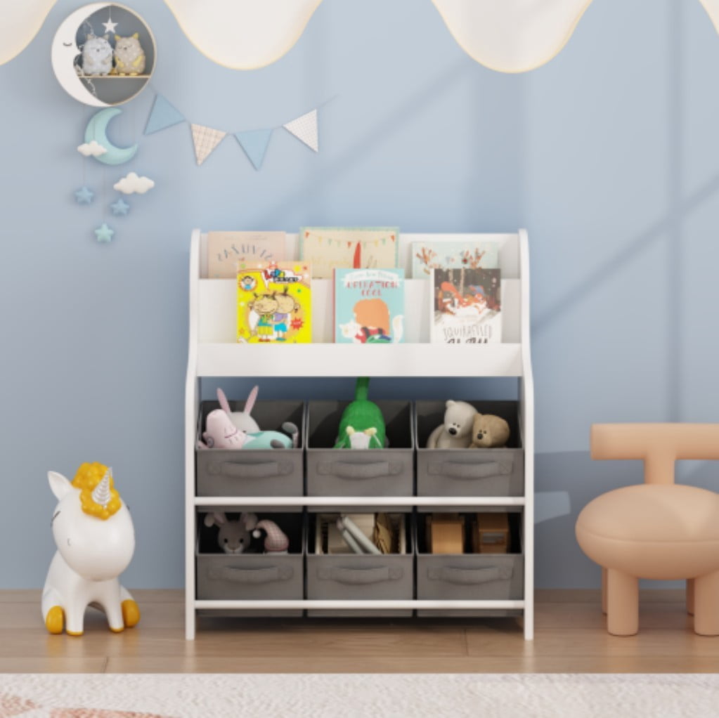 Kids Bookshelf with 6 Fabric Storage Bins, 3-Tier Front-Facing Bookcase & Toy Organizer, Children's Book Display Shelf for Playroom, Nursery & Bedroom