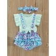 thumbnail image 2 of Toddler Girl Summer Outfits Solid Color Rib Fly Sleeve T-Shirts Fish Scale Print Suspender Shorts Headband Set, 2 of 9