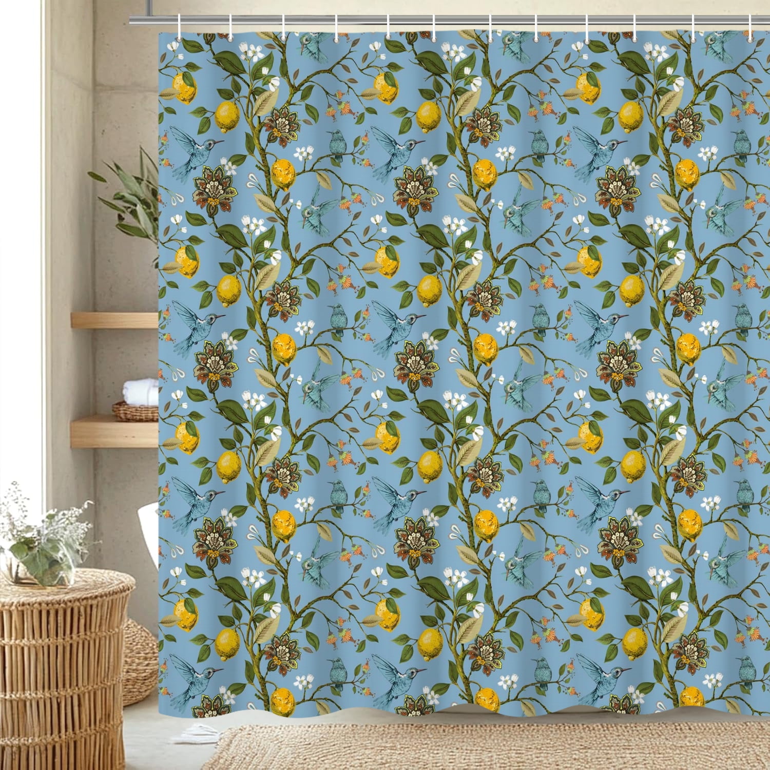 Blue Floral Bird Shower Curtain 72"x78",Hummingbird Botanical Bathroom Curtains,Vintage Farmhouse Chic French Country Style Bath Curtain Decor