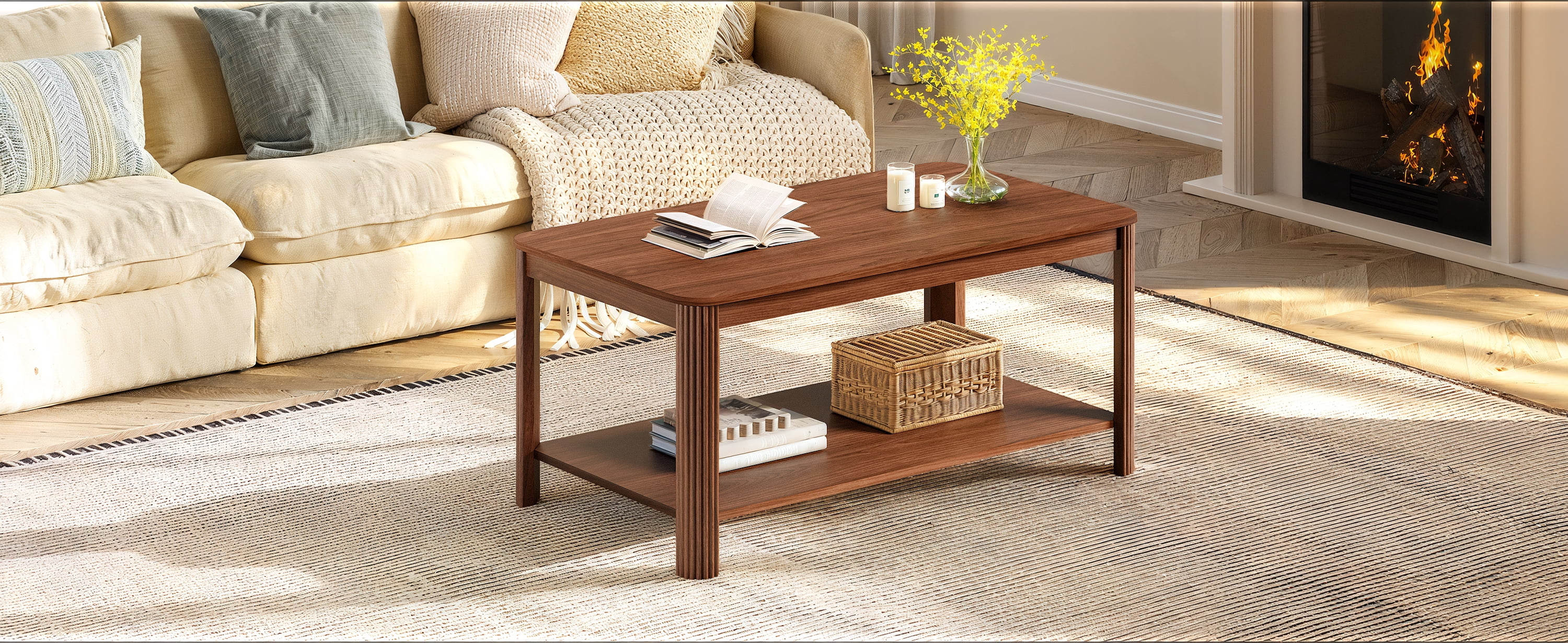2-Tier Coffee Table with Storage Shelf, Vertical Wave Grain Legs, Walnut Finish, Modern Minimalist Rectangle Accent Table for Living Room & Bedroom, 39.4" L x 20" W x 17.7" H.