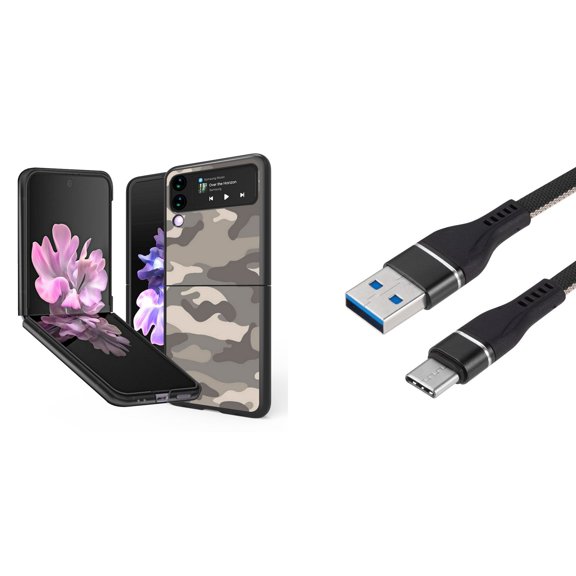 Bemz Premium Bundle for Samsung Galaxy Z Flip 3 5G: Slim Snap-On Protector Case (Grey Camo), Nylon Braided USB-C to USB-A Cable (3 Feet)