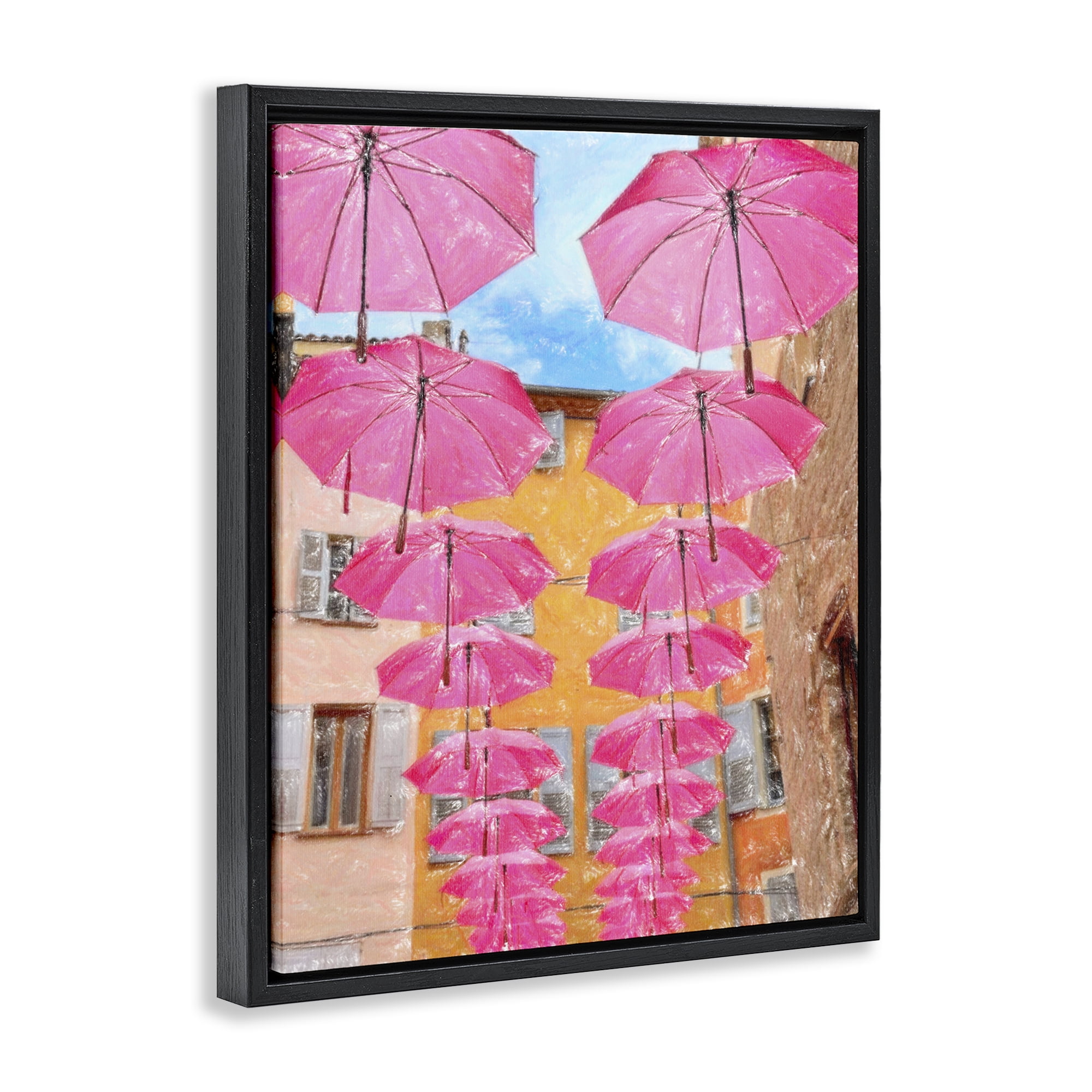 Stupell Industries Pink Umbrellas in Town Buildings & Architecture Painting Black Floater Framed Canvas Art Print Wall Art, 25 x 31