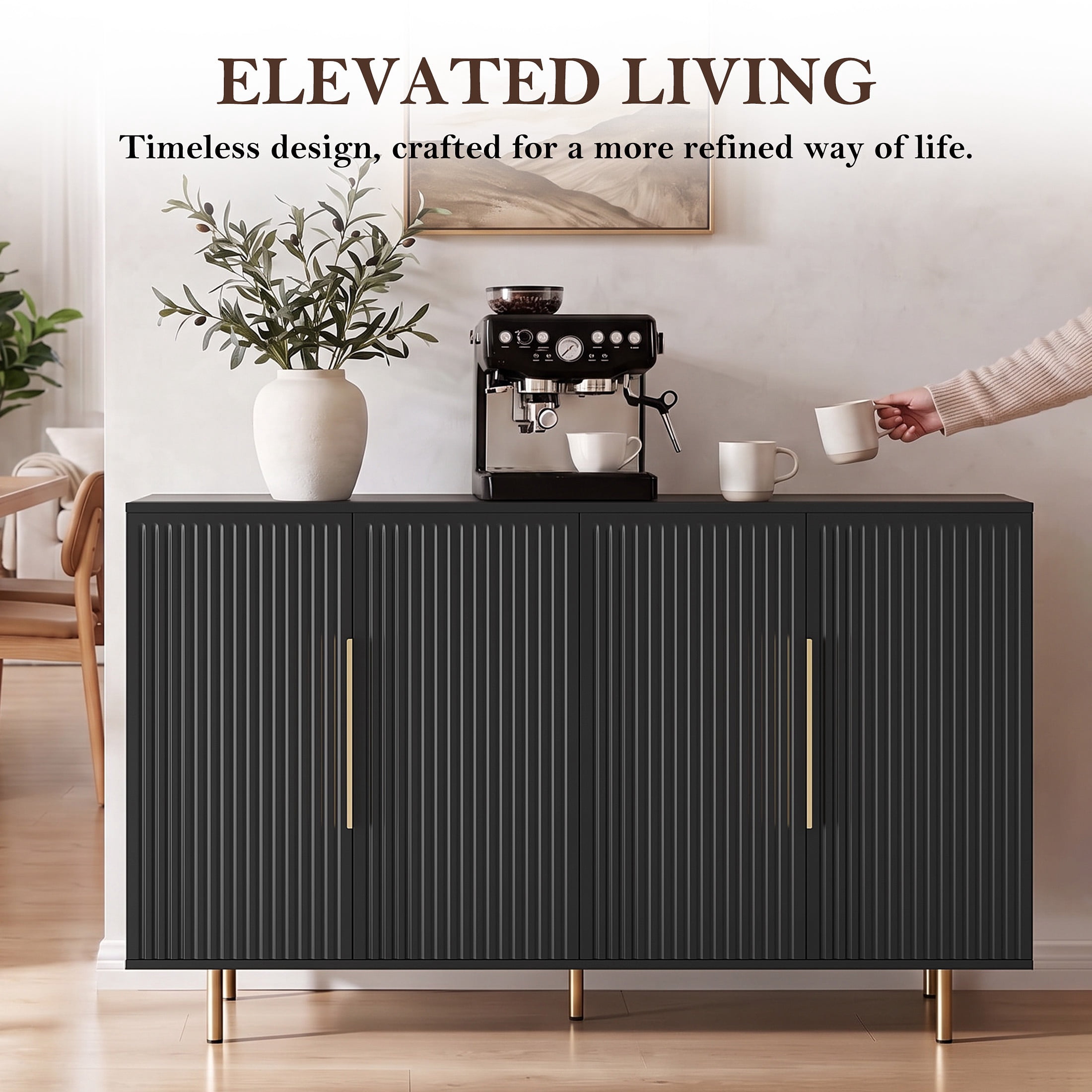 PORKISS Sideboard Buffet Cabinet with Storage, Fluted Credenza Cabinet with Gold Handles, Modern Console Table with Adjustable Shelves for Living Room, Dining Room, Black