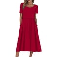 thumbnail image 3 of WRKEKC Robes d'Été Décontractées pour Femmes, Robes d'Été Grande Taille, Robes de Vacances Décontractées pour Femmes pour Fête Quotidienne, Col Rond Replié, Unies, à Manches Courtes avec Poche, 3 of 10