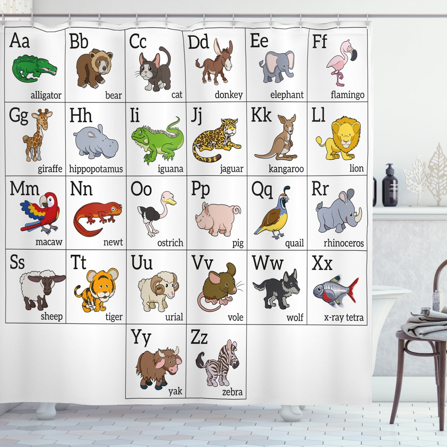 Educational Shower Curtain, Alphabet Learning Chart with Cartoon Animals  Names Letters Upper and Lowercase, Fabric Bathroom Set with Hooks, 69W X  70L Inches, Multicolor, by Ambesonne 