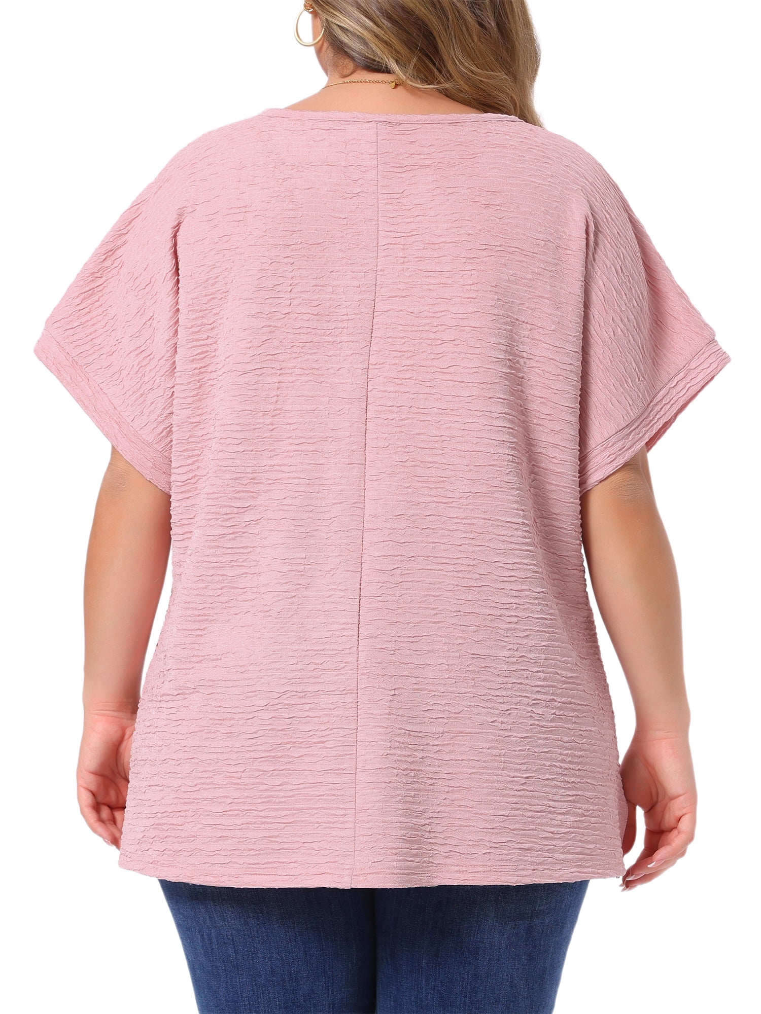 DARING DIVA Women's Plus V Neck Short Sleeve Textured Tops 2X Pink