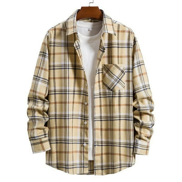 Blusa y camisa de manga larga con cuello vuelto para hombre, blusa informal de moda con estampado a cuadros y bolsillos, blusa de manga larga para hombre