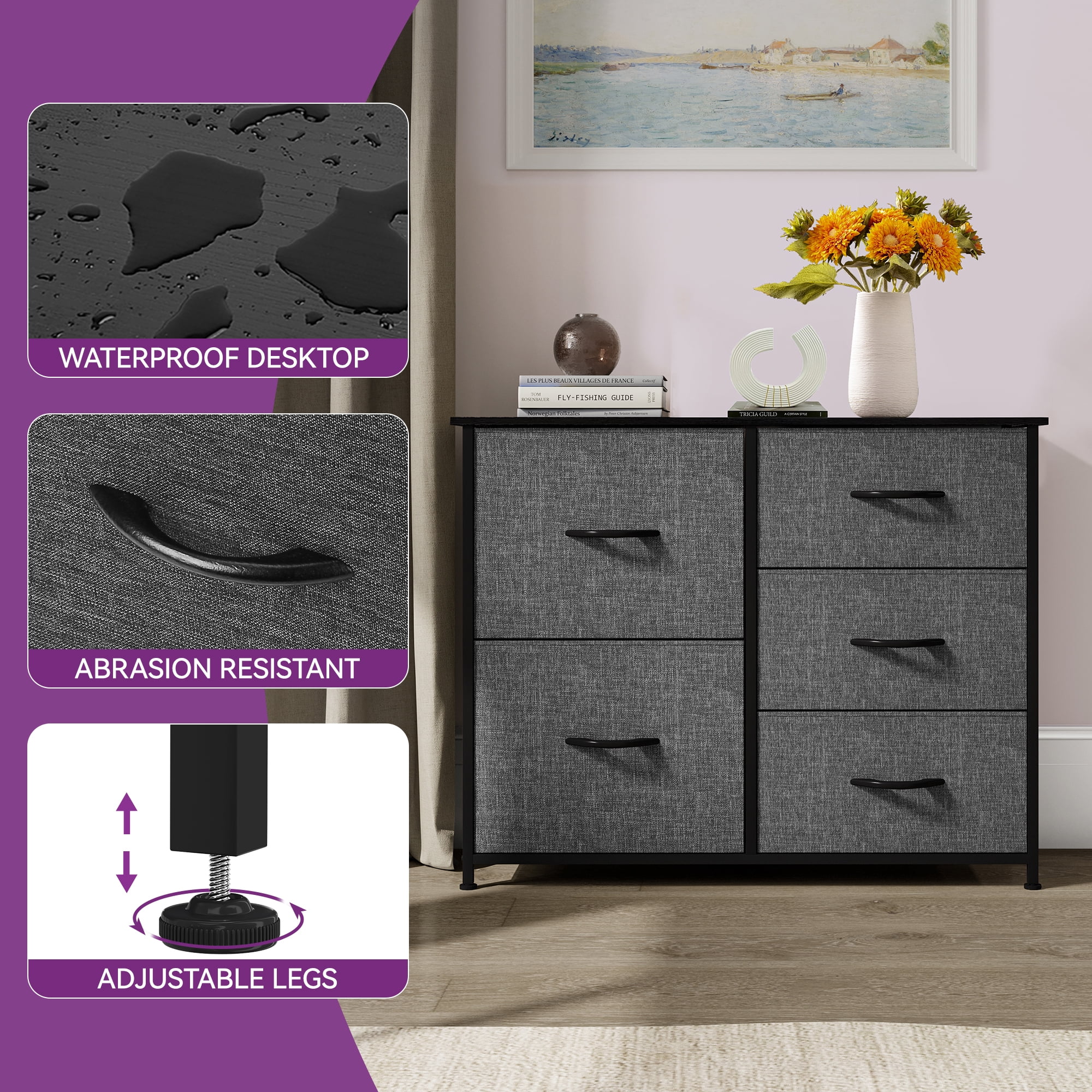 Uforic Black Gray 5-Drawer Fabric Dresser with Steel Frame, Wooden Top & Easy-to-Pull Handles for Adults