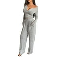 thumbnail image 2 of Women'S 2 Piece Matching Lounge Sets Long Sleeve Henley Neck Slightly Crop Top Wide Leg Pants Sweat Suit Gray L, 2 of 9