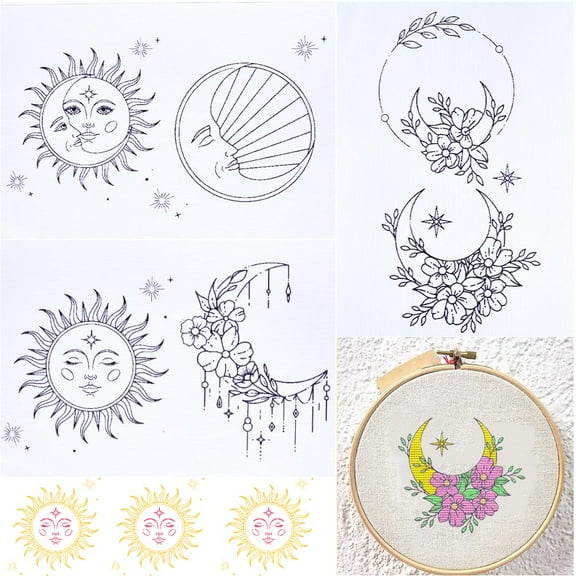 1set 3 Sheets Sun and Moon Water Soluble Embroidery Patterns Stabilizers Hand Sewing Stick and Stitch A4 Transfers Fabric Wash Away Pre-Printed Self Adhesive DIY