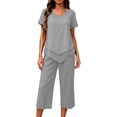 thumbnail image 6 of Costeam Womens Linen Textured 2 Piece Casual Outfits Crew Neck Short Sleeve Top Elastic Waist Capri Pants with Side Pockets Solid Color Loose Fit Lightweight Summer Daily Co Ord Set, 6 of 6