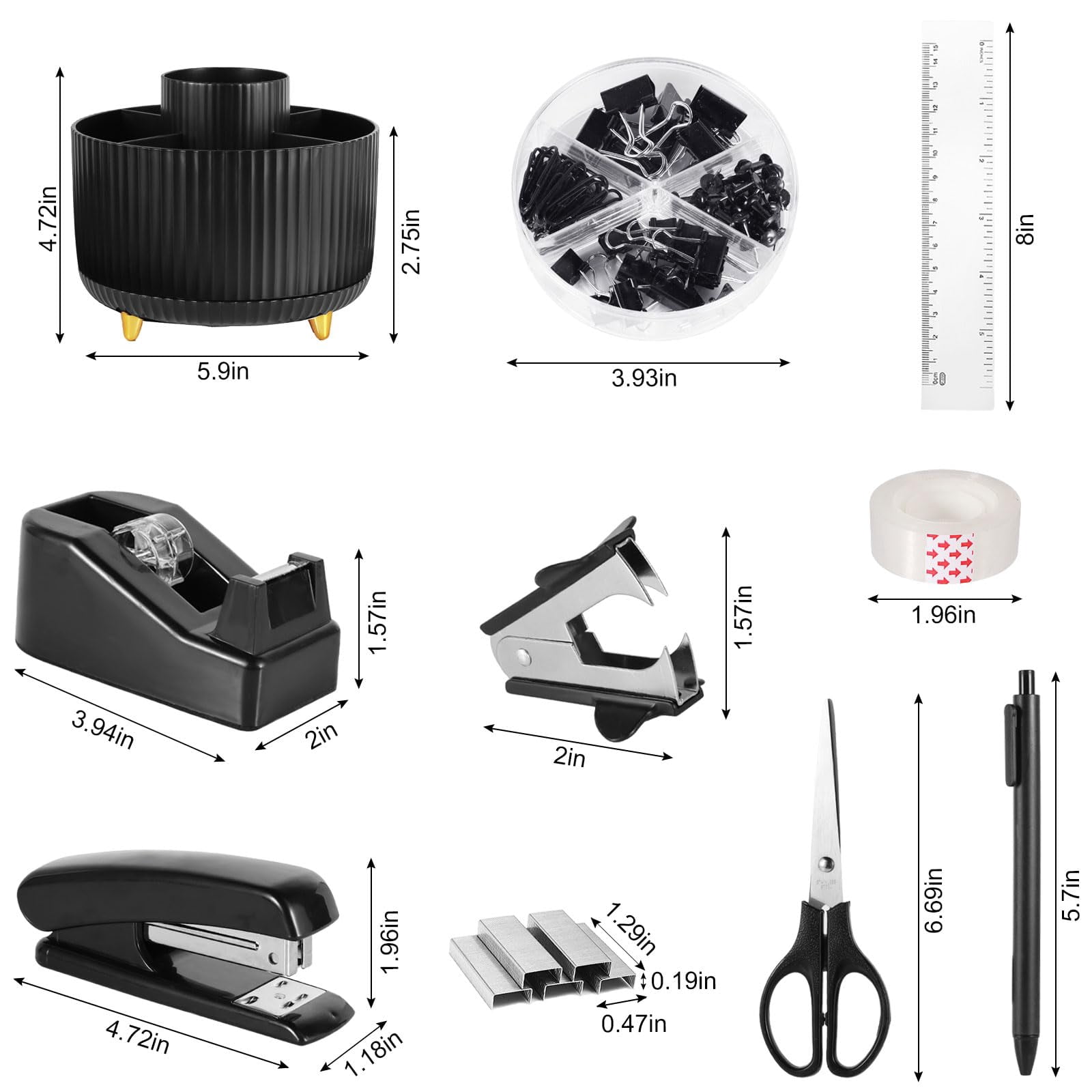 Black Desk Organizers And Accessories Set With 360-degree Rotating Pen Holder  Tape Dispenser Stapler Staple Remover 1000 Staples Clips Ruler Scissor
