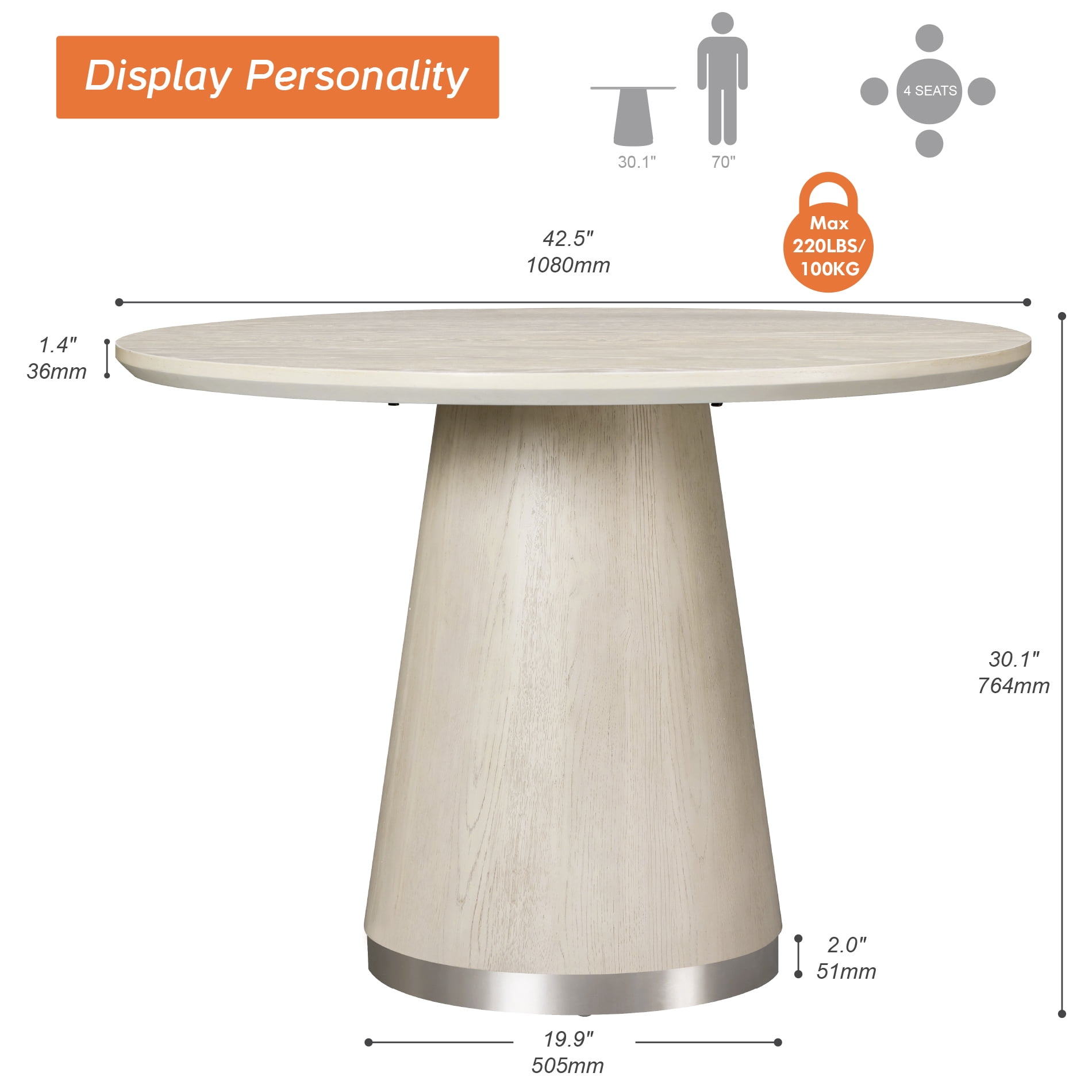 3 Pieces Dining Table and Chairs Set, 43" Circle Kitchen Table with Pedestal Base and 2 Solid Wood Dining Chairs with Soft Padding