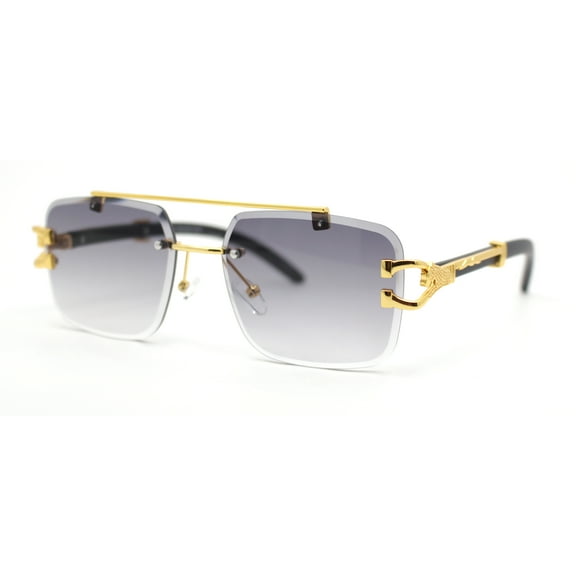 Rimless Luxury Jaguar Jewel Arm Rectangle Hustler Gangster Sunglasses Gold - Smoke