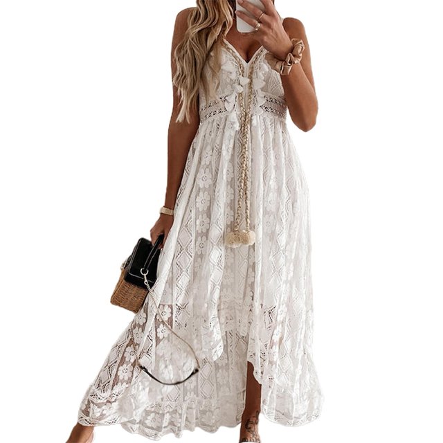 Femmes Robe Dentelle Grand Ourlet Été Élégant Bretelles Spaghetti Robe Midi pour la Fête