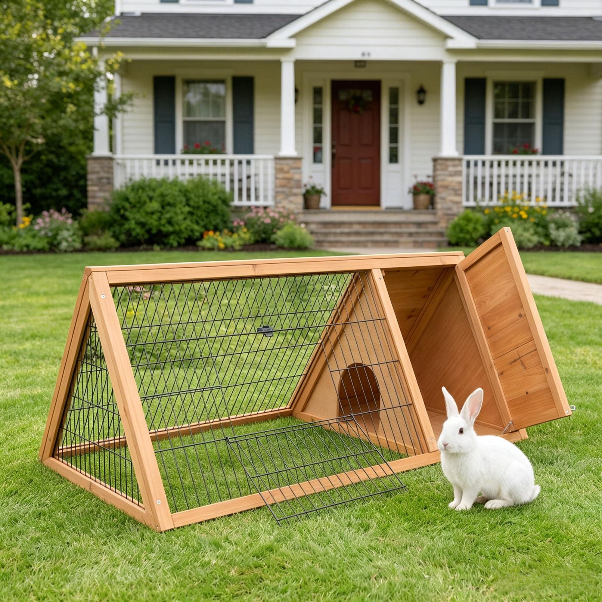 ENTU Brown Wooden Rabbit Hutch Outdoor Run Small Animal Cage Fir Wood Steel Wire 45.75x24.5x20.75 in for Rabbits Ducks Chickens