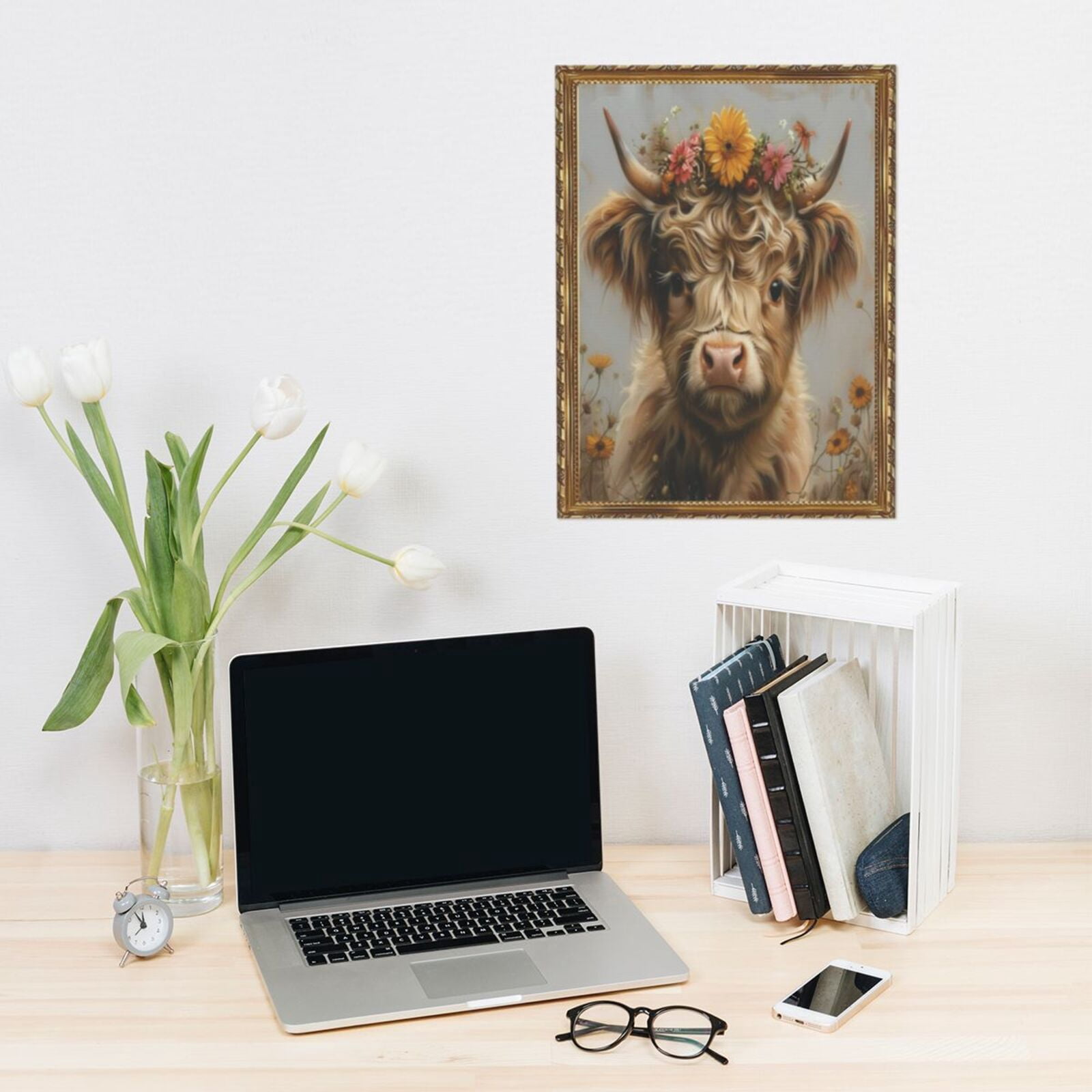 Aarocafa Gold Plastic Frame Floral Highland Cow Wall Art-Luxe Canvas Print 12x12"|Shimmering & Scratch-Resistant Artwork|Glam Rustic Decor for Living Room,Home Office|Ready-to-Hang Wall Picture