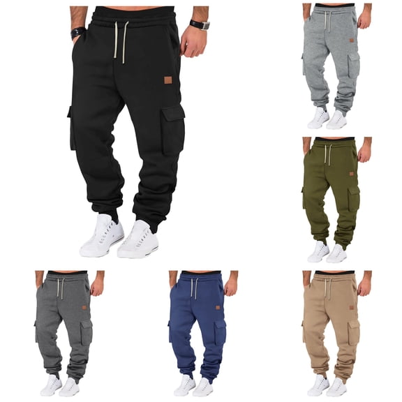 XIAONU Solid Cargo Jogger Pants for Men Drawstring Waist Multi Pockets Pants