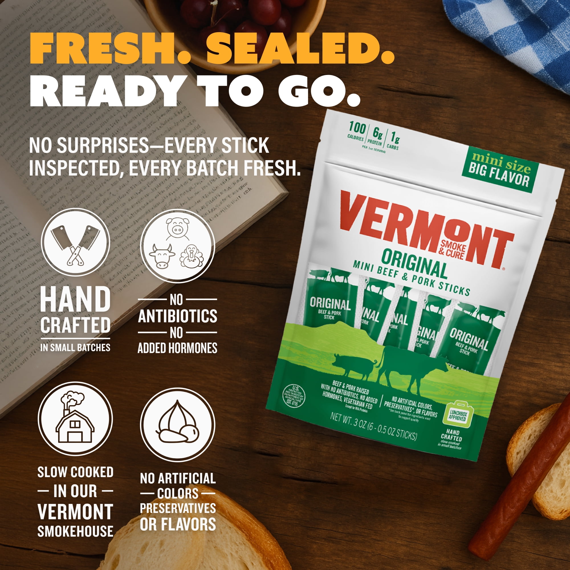 Vermont Smoke & Cure Original Beef Pork Mini Beef Sticks Individually Wrapped Protein Snacks 8 Pouches