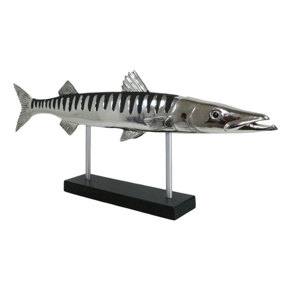 Marine Faux Taxidermy Silver Tone Large Barracuda Fish Sculpture With Pole Stand
