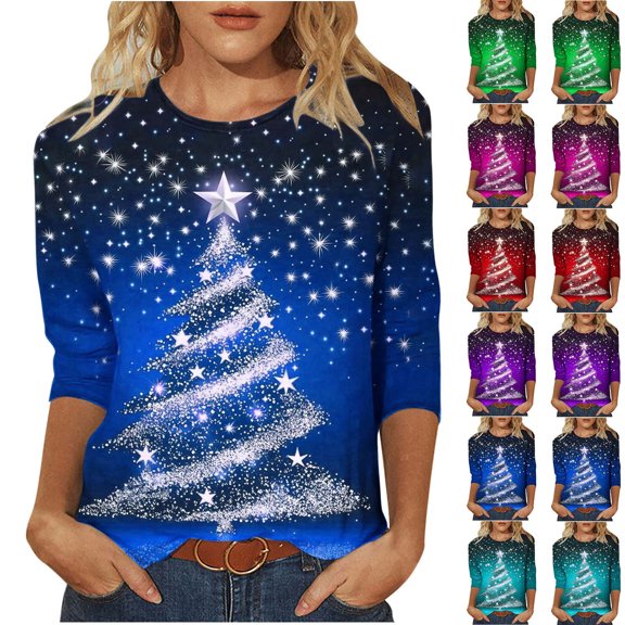Hueook Christmas Shirts for Women Hawaiian Shirts Women's Fashion Casual Christmas Printed Round Neck 3/4 Sleeves T-Shirt Red 2X