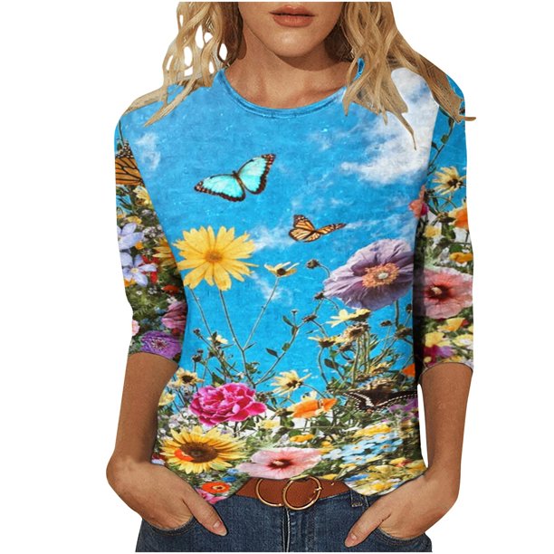 Tops Para Mujer Salir Tops Moda Casual Impreso Camiseta Suelta Media Manga 3/4 Blusa Cuello Redondo Odeerbi ODB148184