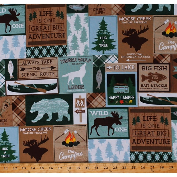 Cotton Moose Creek Lodge Boxes Cabin Camping Fishing Kayaks Northwoods Hiking Cotton Fabric Print by the Yard (12917-72)