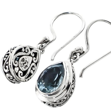 Pear Scroll - Scroll Filigree Simulated Blue Topaz Pear 925 Sterling Silver Earrings, 5/8