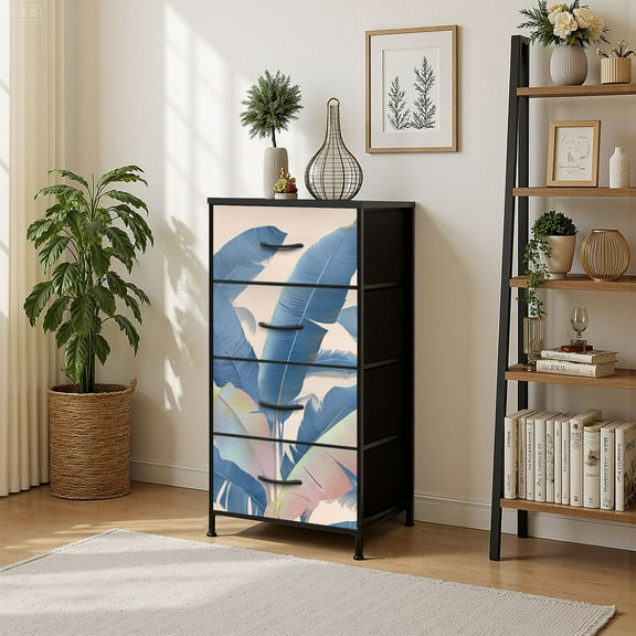 4 Drawer Vertical Storage Dresser Tropical Palmiers Collection Azure Banana Leaves Plants Leaf with Wood Top Fabric Pull Drawers