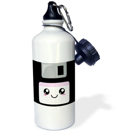 3dRose Kawaii Cute Happy Floppy Disk - Retro computer Nerd - Japanese Anime Smiley cartoon with pink label, Sports Water Bottle, 21oz