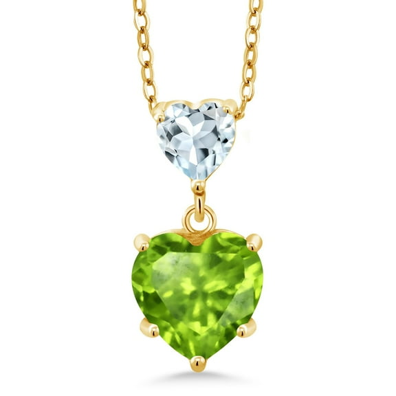 Gem Stone King 18K Yellow Gold Plated Silver Green Peridot and Sky Blue Aquamarine Double Heart Pendant Necklace for Women (2.02 Cttw, Heart 8MM and 5MM, with 18 inch Silver Chain)