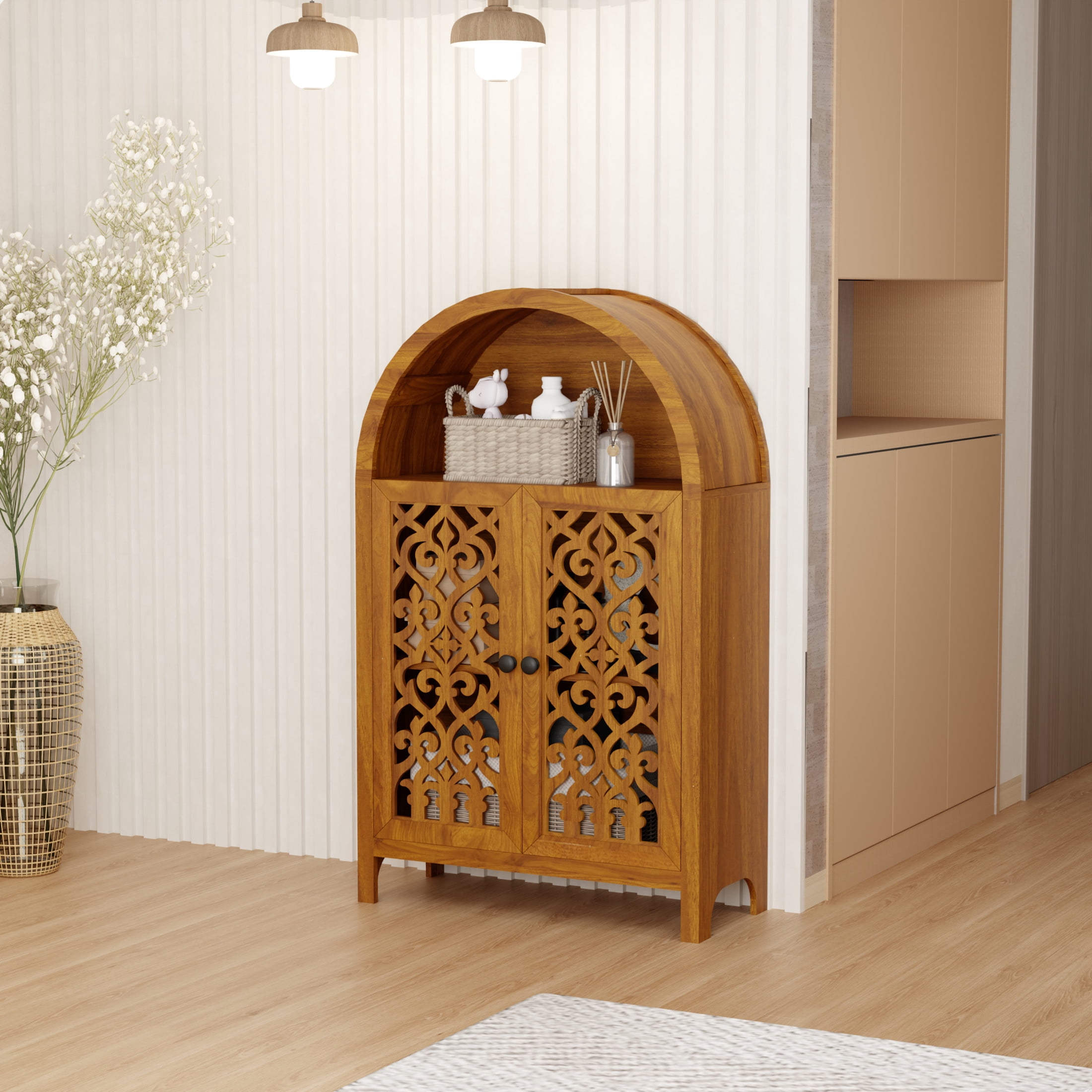 Noble House 44" Hand-Carved Arched Storage Cabinet with 2 Doors and Open Shelf, Walnut