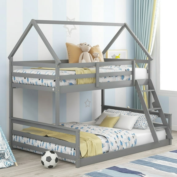 EUROCO Pine Wood Twin over Full Bunk Bed, House-Shaped for Kids Teens Bedroom, Gray